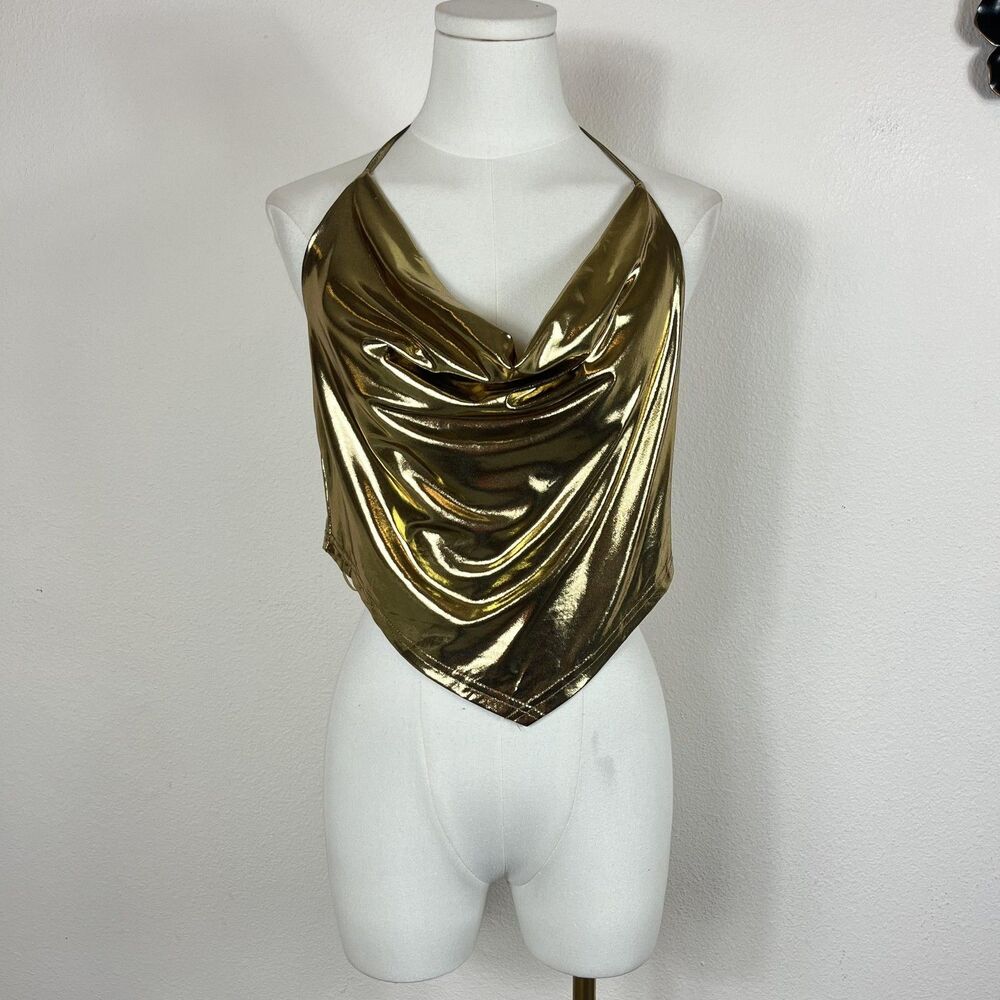 Peach Shirt Womens Medium Gold Metallic Halter Cowl Party Top Clubwear 70s Disco